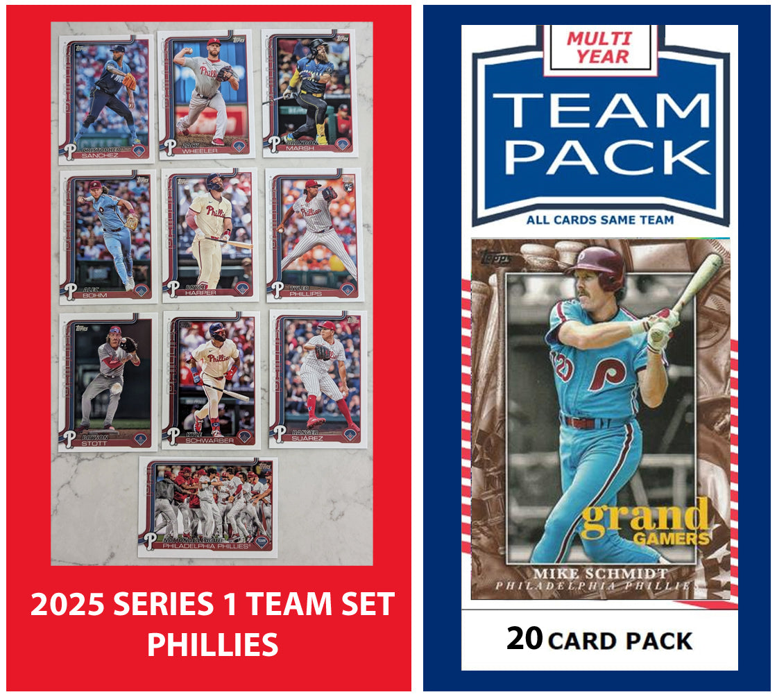 2024 Baseball Team Pack Phillies 20 Card Pack Mike Schmidt + 2025 Topps Series 1 Team Set - Bryce Harper plaque