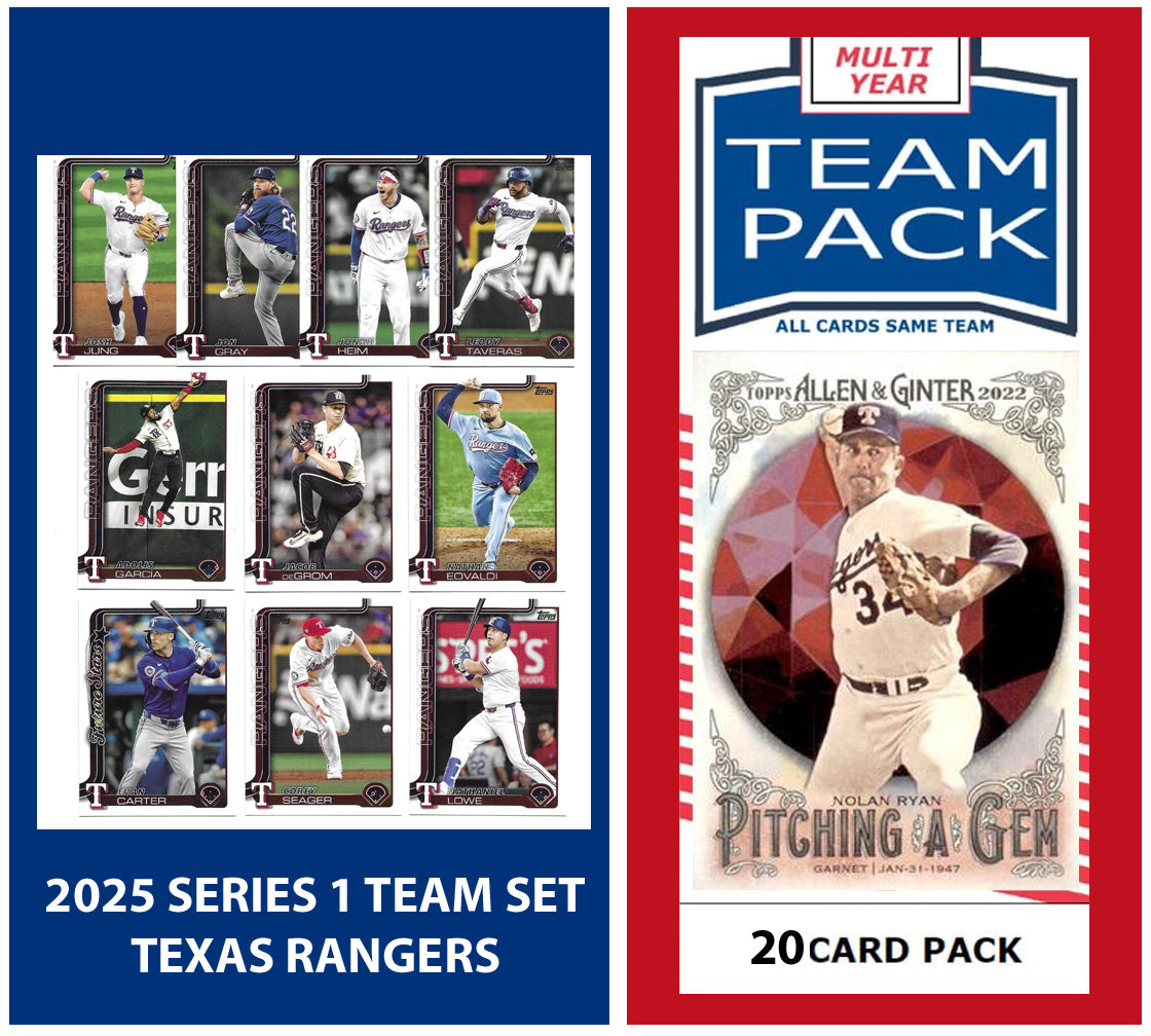 2024 Baseball Team Pack Rangers 20 Card Pack Nolan Ryan + 2025 Topps Series 1 Team Set - Evan Carter Seager plaque