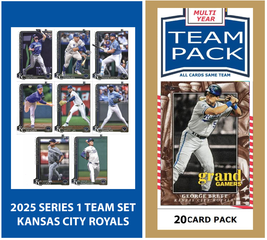 2024 Baseball Team Pack Royals 20 Card Pack George Brett + 2025 Topps Series 1 Team Set - Bobby Witt Jr plaque