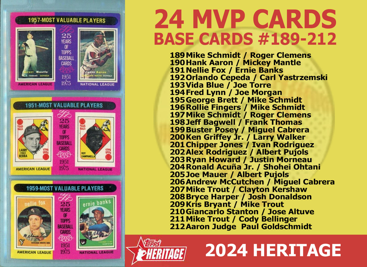 2024 Topps Heritage 1975 MVP Base Cards Set of 24 Schmidt Brett Ohtani Pujols plaque