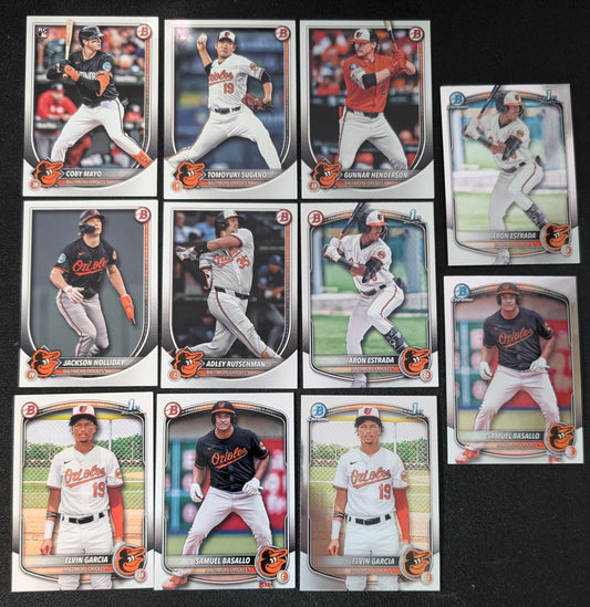 2025 BOWMAN Chrome + Paper Prospects Team Set BCP Baltimore Orioles Mayo Sugano Holliday Basallo plaque