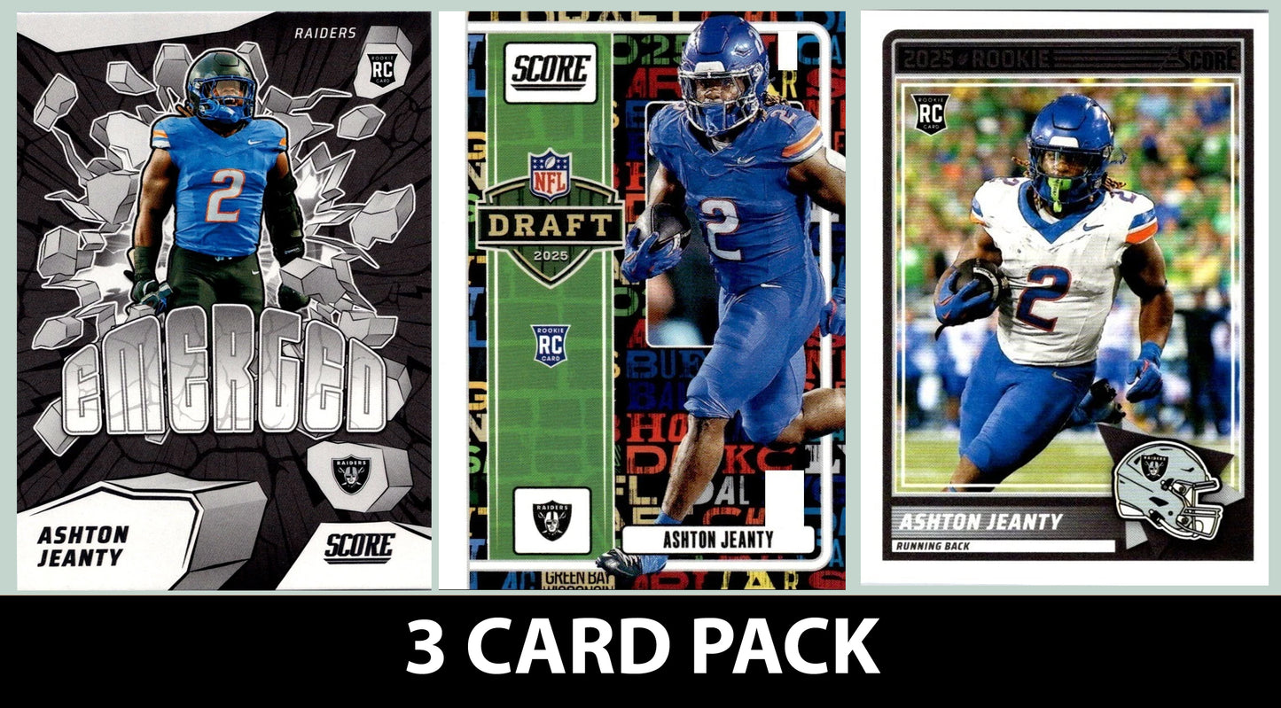2025 SCORE Ashton Jeanty Las Vegas Raiders RC Insert 3 Pack Emerged Draft Base RC 20 plaque