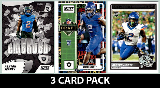 2025 SCORE Ashton Jeanty Las Vegas Raiders RC Insert 3 Pack Emerged Draft Base RC 20 plaque