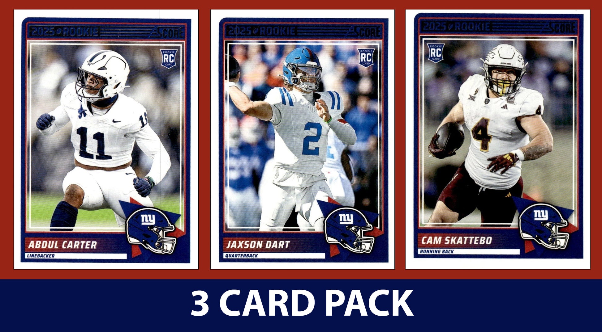2025 SCORE Jaxson Dart Abdul Carter Cam Skattebo New York Giants RC 3 Pack plaque