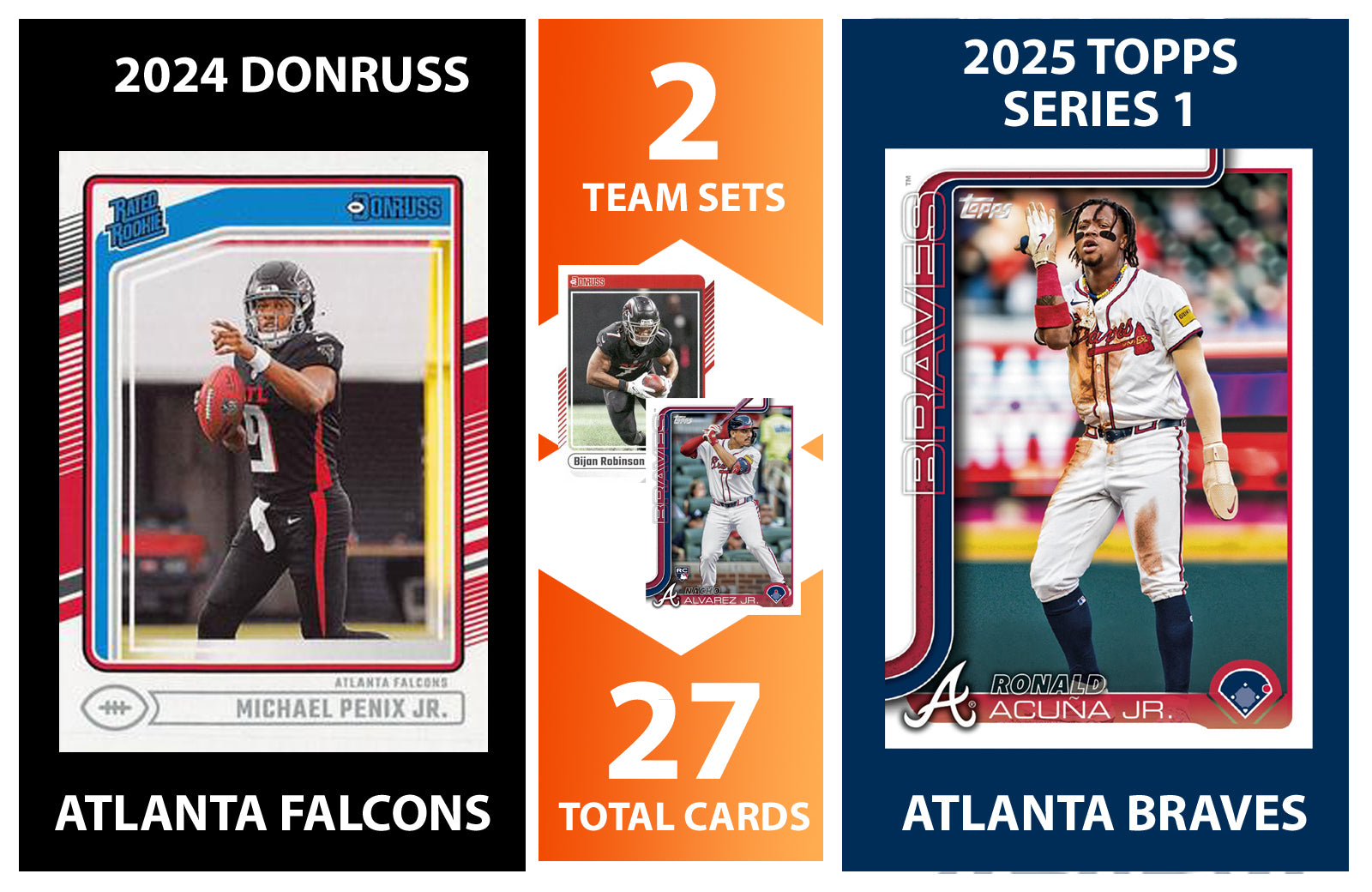 2025 Topps Atlanta Braves + 2024 Donruss Atlanta Falcons NFL Team Set Bundle - 23 Total Cards - Michael Penix Jr Rated Rookie Bija hand-collated team set
