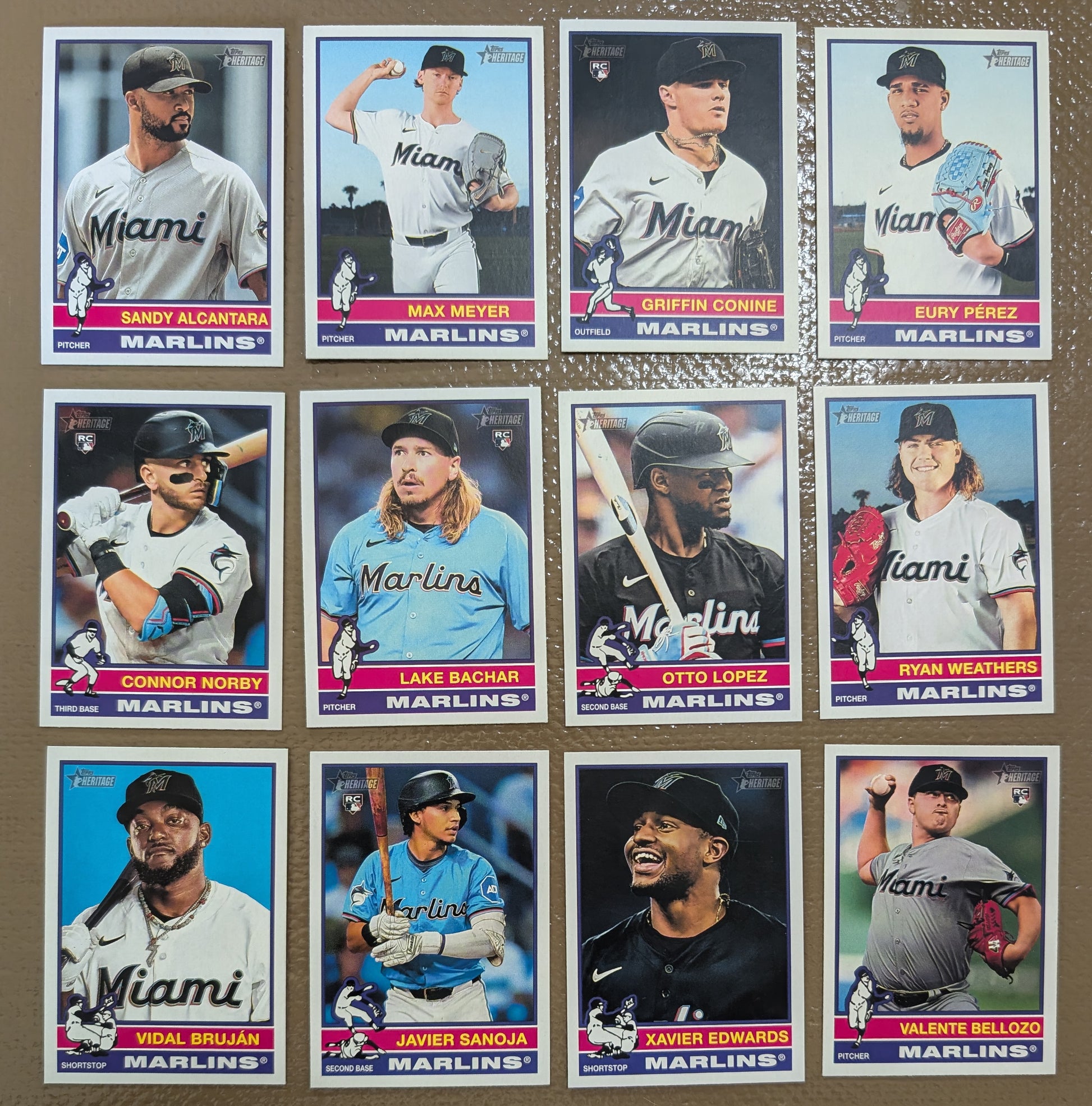 2025 Topps Heritage Baseball Team Set 12 Cards Miami Marlins Sandy Alcantara Connor Norby RC plaque