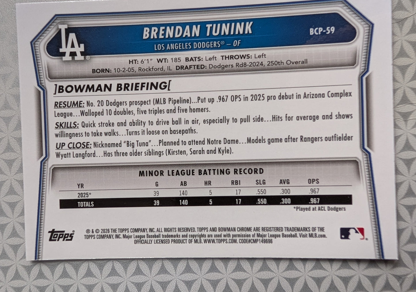 2026 Bowman Chrome Prospects Fuchsia Mojo Refractor Brendan Tunink #BCP-59 /299 (1st Bowman)