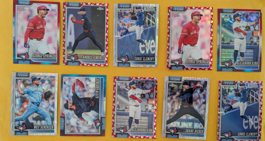 2026 Topps Chrome Toronto Blue Jays Ray Wave Red White Blue Seams Kirk Gimenez