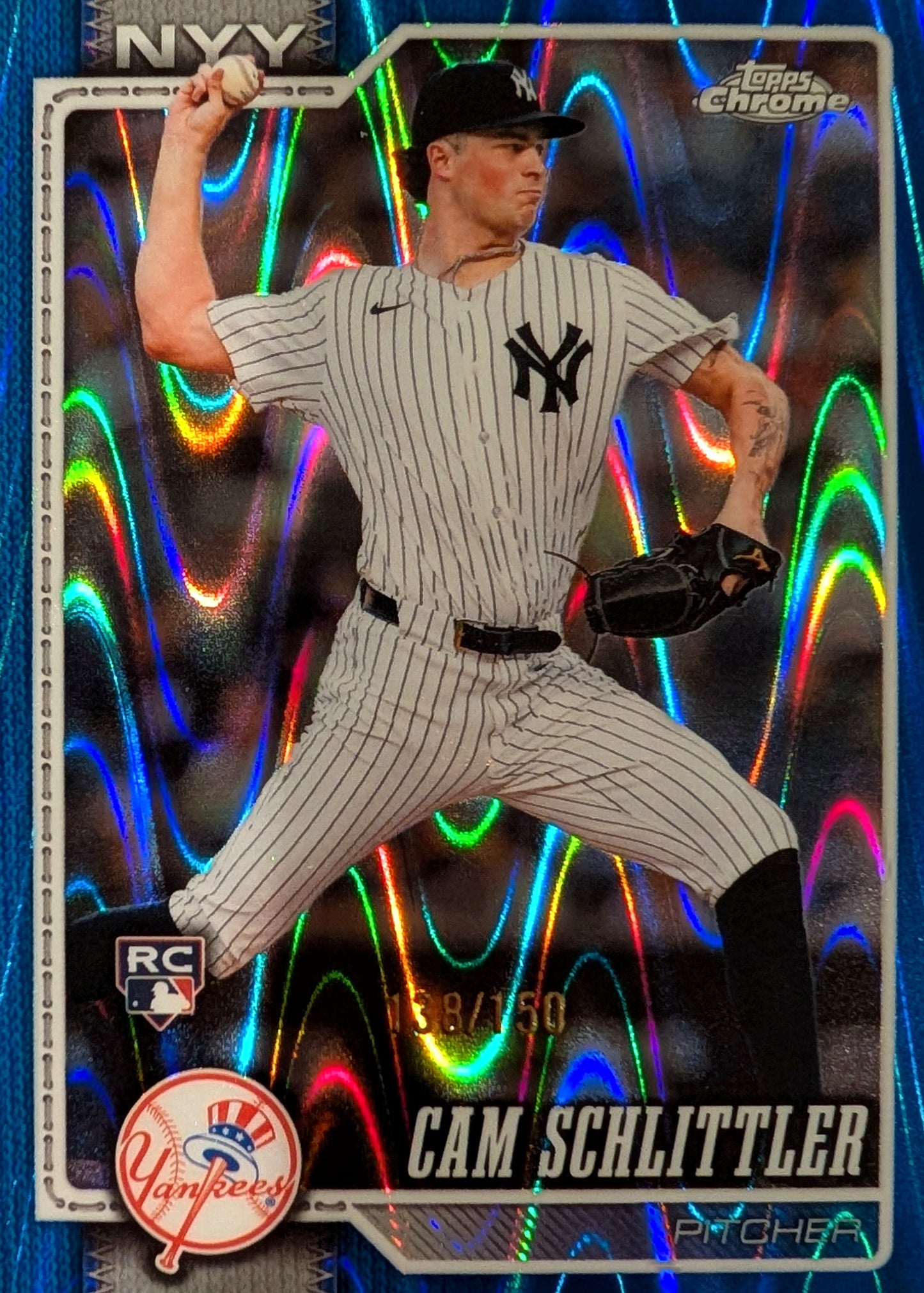 2026 Topps Chrome Cam Schlittler Blue Ray Wave Refractor SP /150 #262