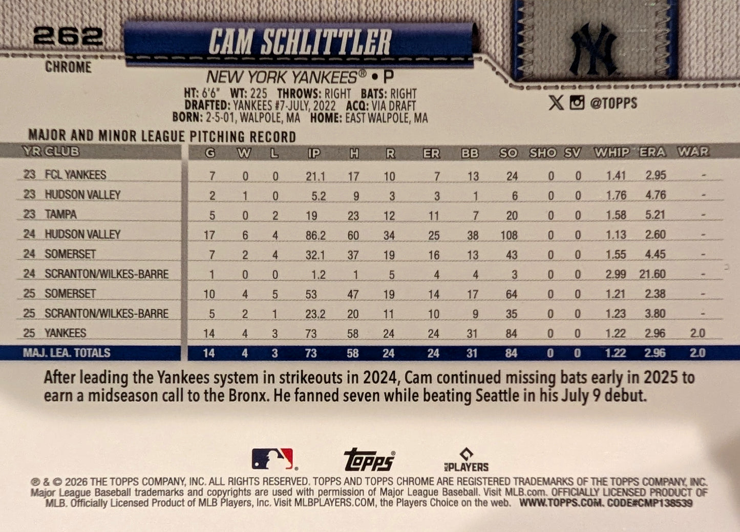 2026 Topps Chrome Cam Schlittler Blue Ray Wave Refractor SP /150 #262