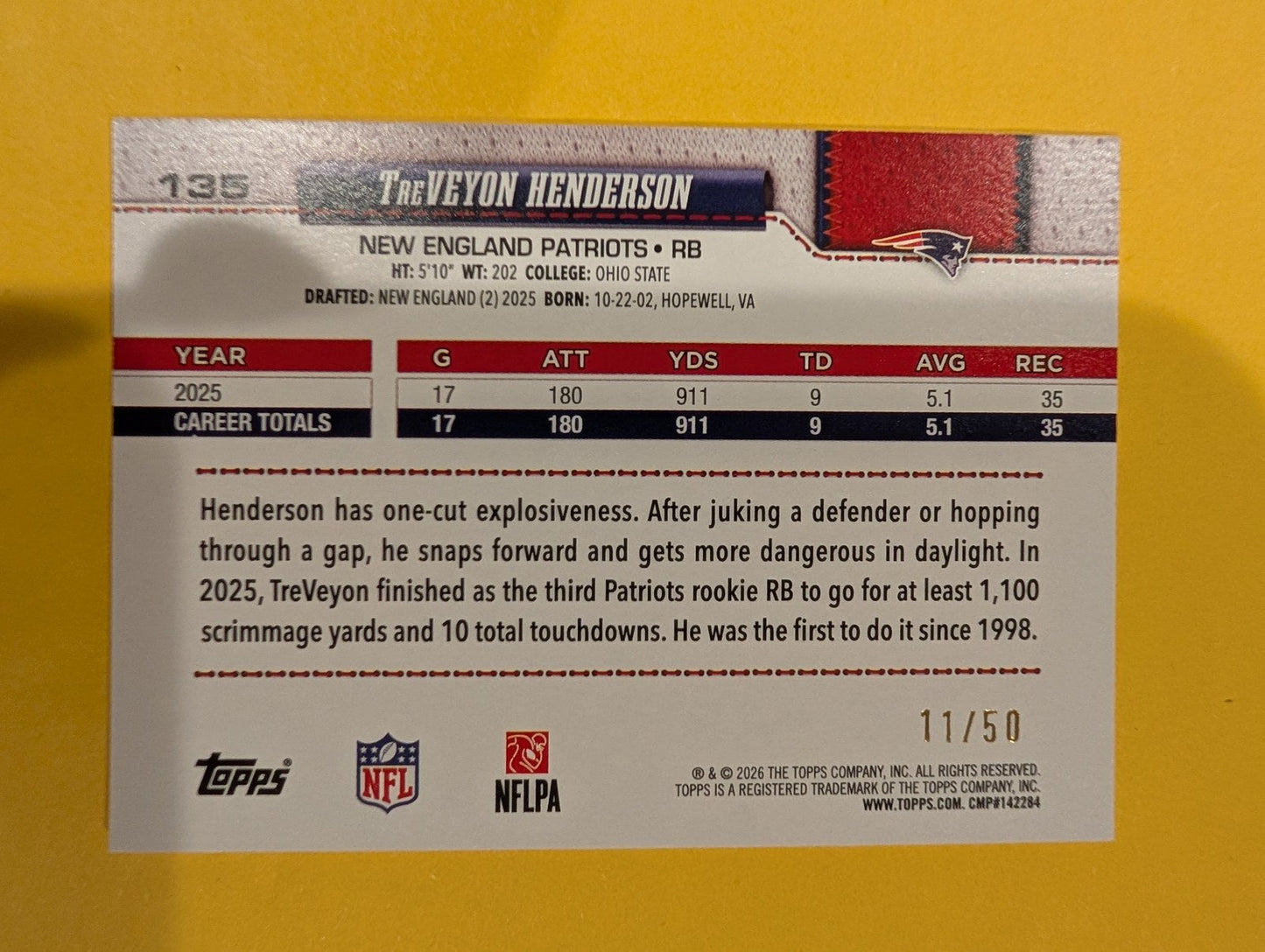 2026 Topps Football TreVeyon Henderson #135 Parallel 11/50 - back
