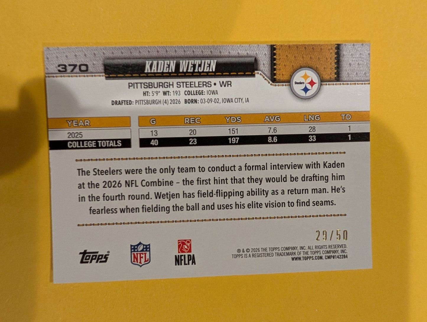 2026 Topps Football Kaden Wetjen Rookie #370 Parallel 29/50 - back