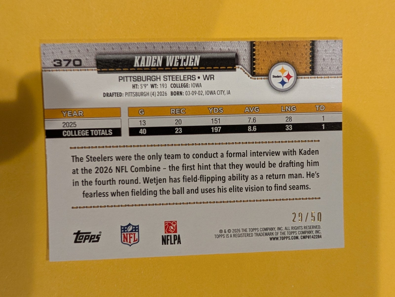 2026 Topps Football Kaden Wetjen Rookie #370 Parallel 29/50 - back