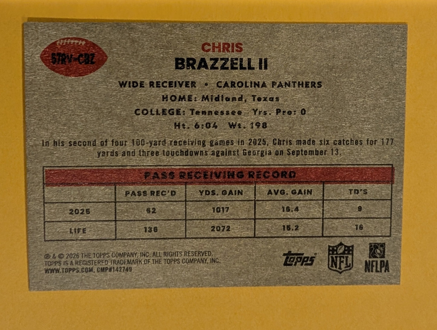 2026 Topps Football Chris Brazzell II Panthers 1957 Variation RC #57RV-CBZ