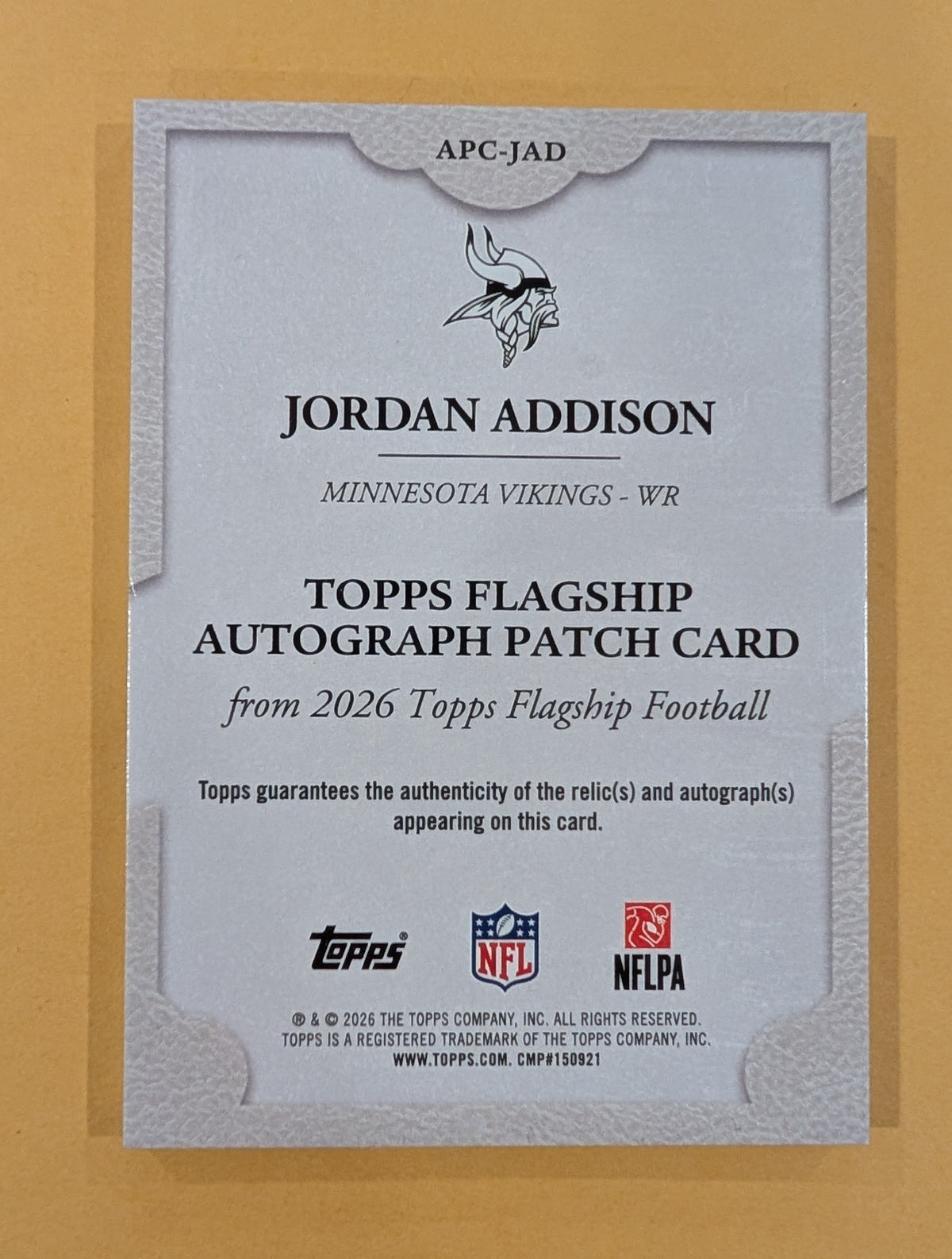 2026 Topps Football Jordan Addison Vikings Autograph Patch SP /99 #APC-JAD