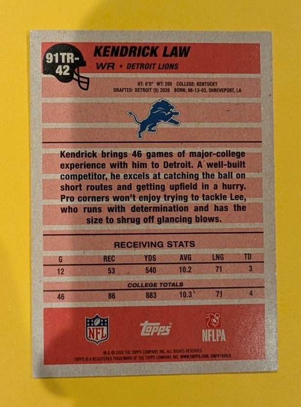 2026 Topps Football Kendrick Law 1991 Topps Rookies Black /10 #91TR-42