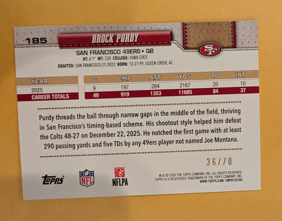 2026 Topps Football Brock Purdy San Francisco 49ers Black SP /70 #185