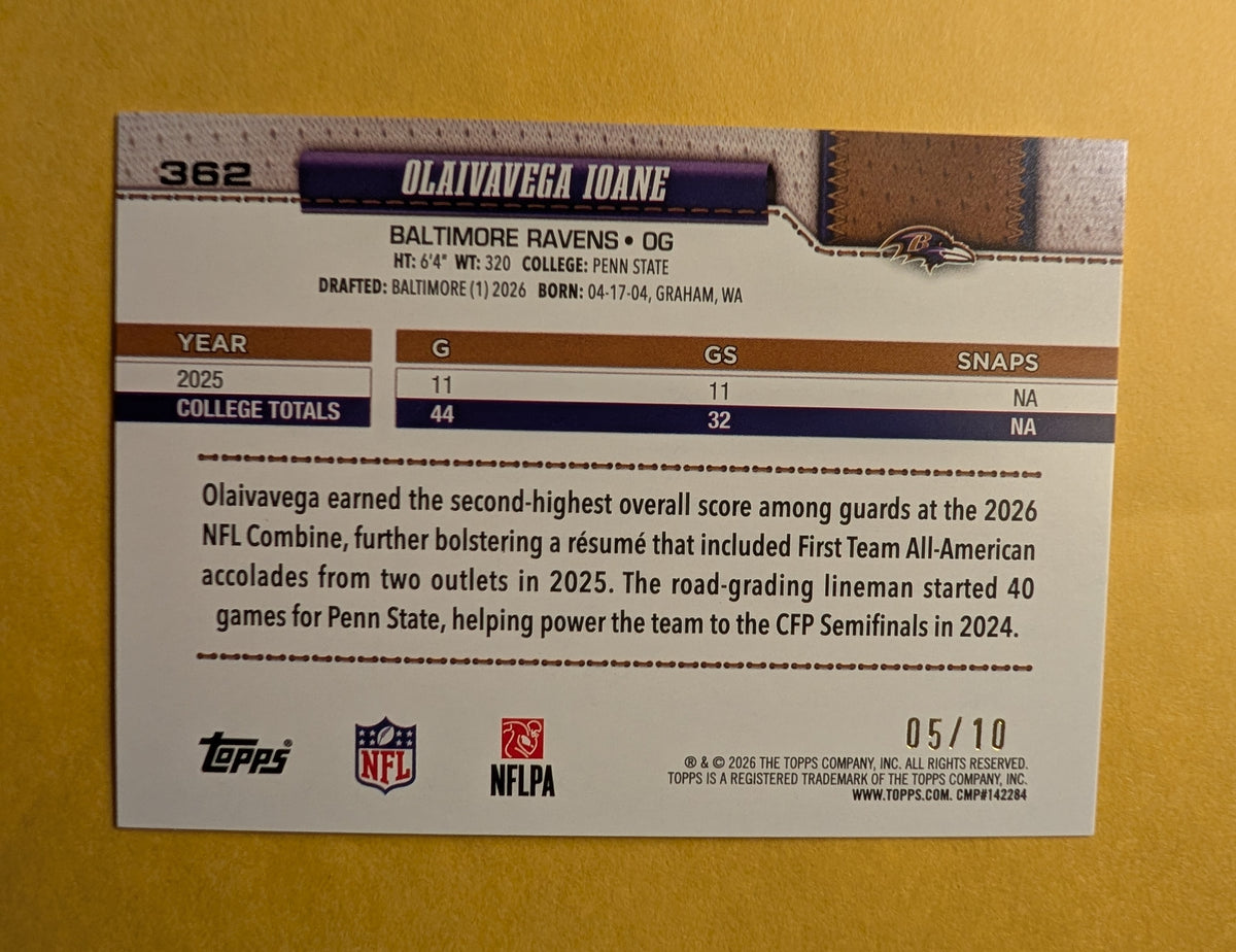 2026 Topps Football Olaivavega Ioane Ravens Black Diamante Foil SSP /10 RC #362
