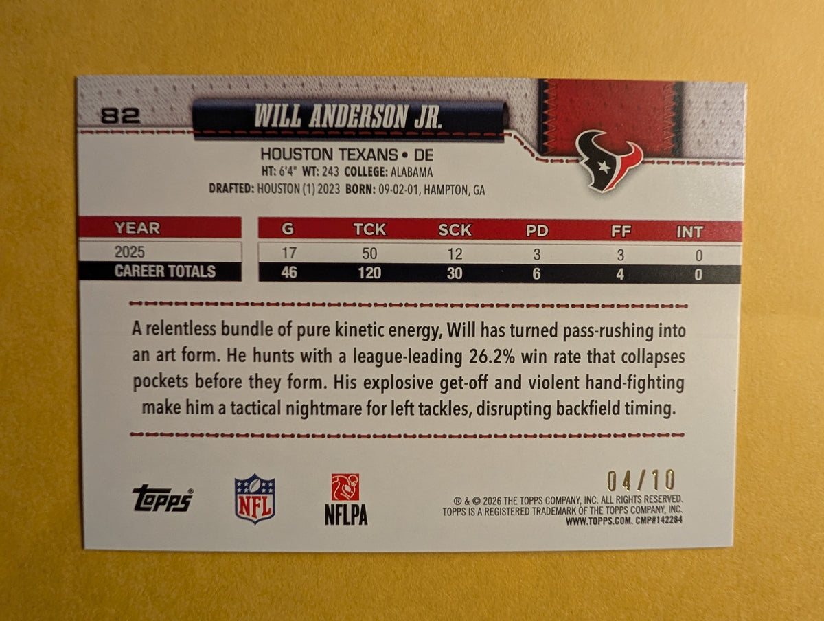 2026 Topps Football Will Anderson Jr Texans Black Diamante Foil SSP /10 #82
