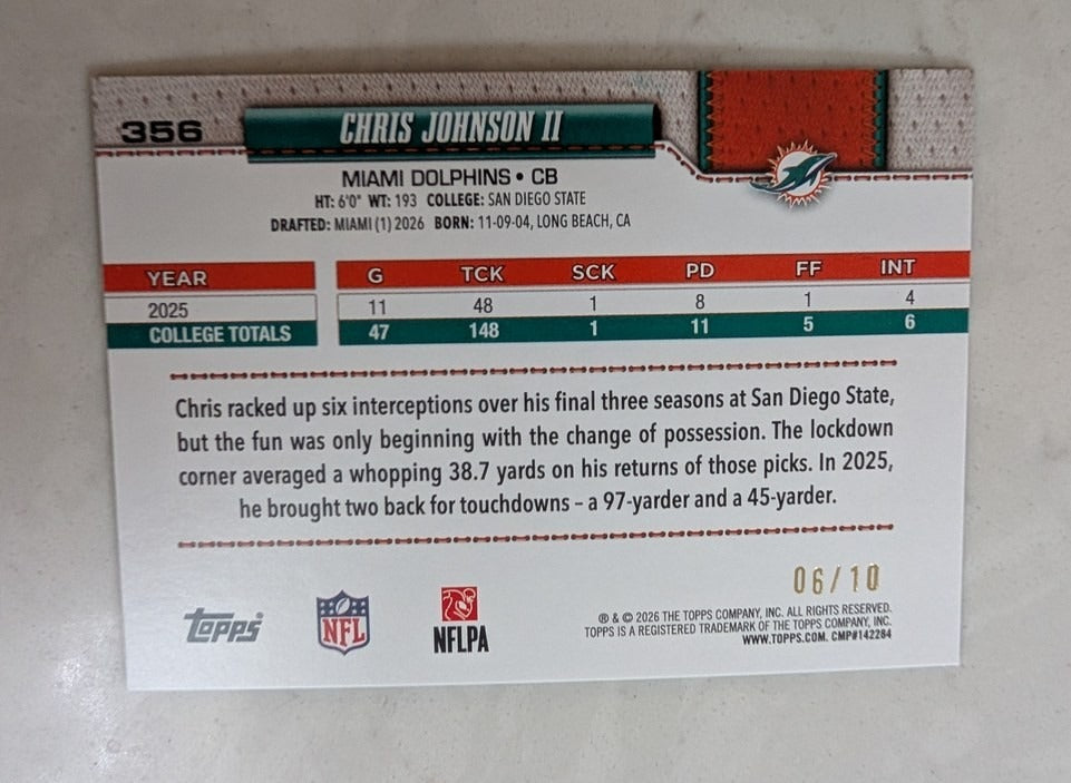 2026 Topps Football Chris Johnson II Dolphins Black Sparkle Foil SSP /10 RC #356