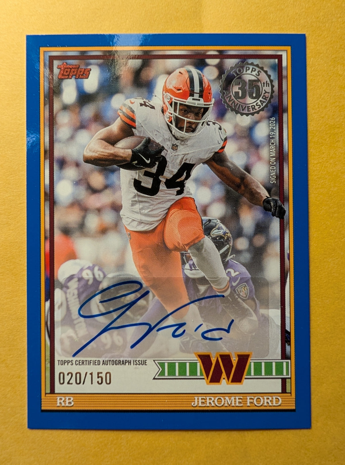 2026 Topps Football Jerome Ford Commanders 1991 Autograph Blue SP /150 #91AC-JFO