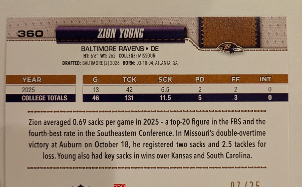 2026 Topps Football Zion Young Ravens Camo SSP /25 RC #360