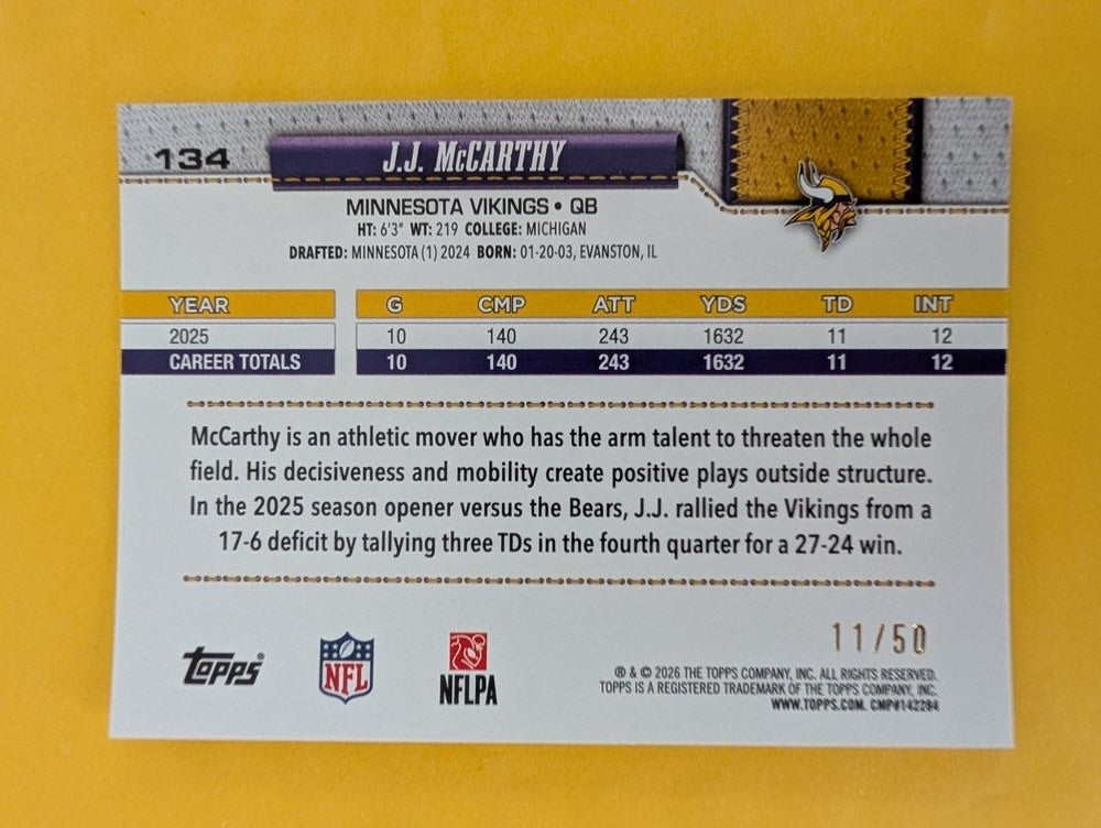 2026 Topps Football J.J. McCarthy Minnesota Vikings Canvas SP /50 #134