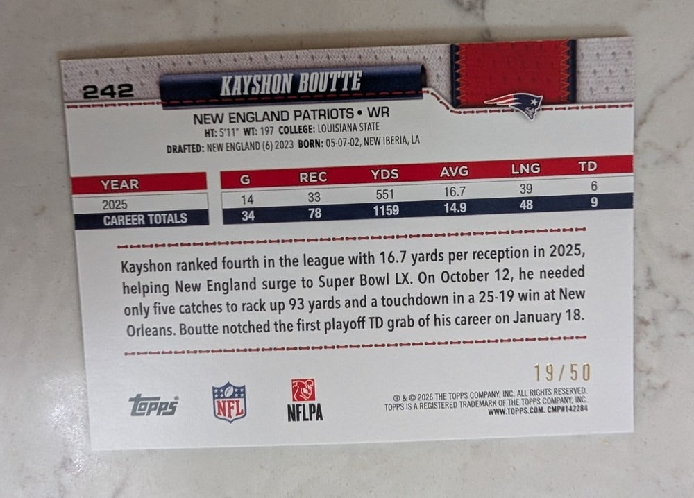 2026 Topps Football Kayshon Boutte Patriots Canvas SP /50 #242