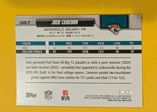 2026 Topps Football Josh Cameron Jacksonville Jaguars Canvas SP /50 RC #387