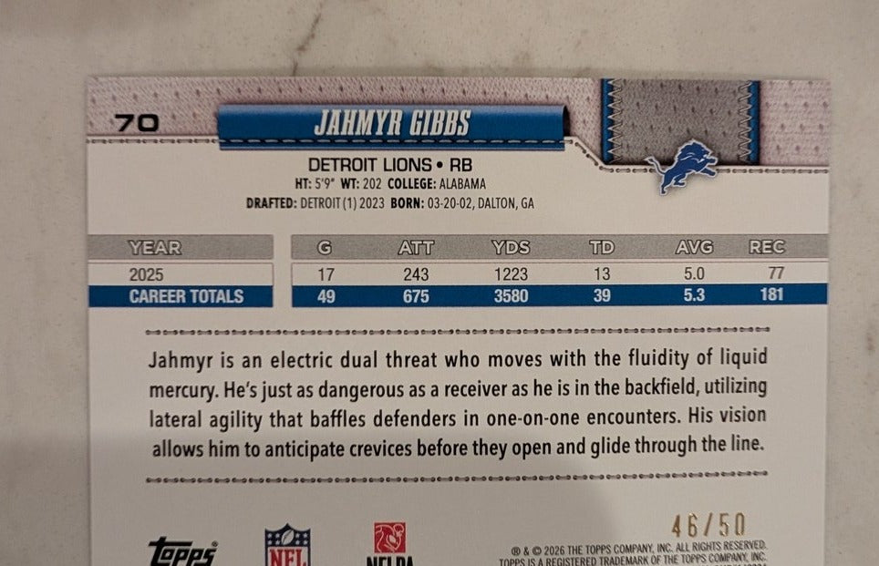 2026 Topps Football Jahmyr Gibbs Detroit Lions Gold Football SP /50 #70