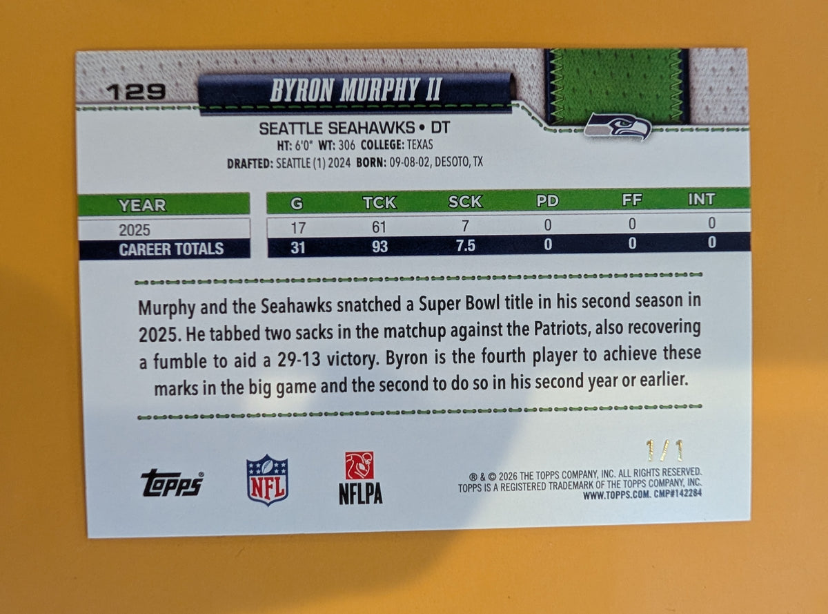 2026 Topps Football Byron Murphy II Seahawks Gold Leather SSP 1/1 #129