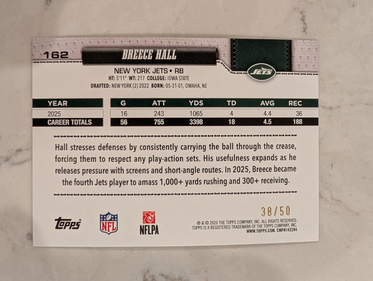 2026 Topps Football Breece Hall Jets Gold Leather SP /50 #162