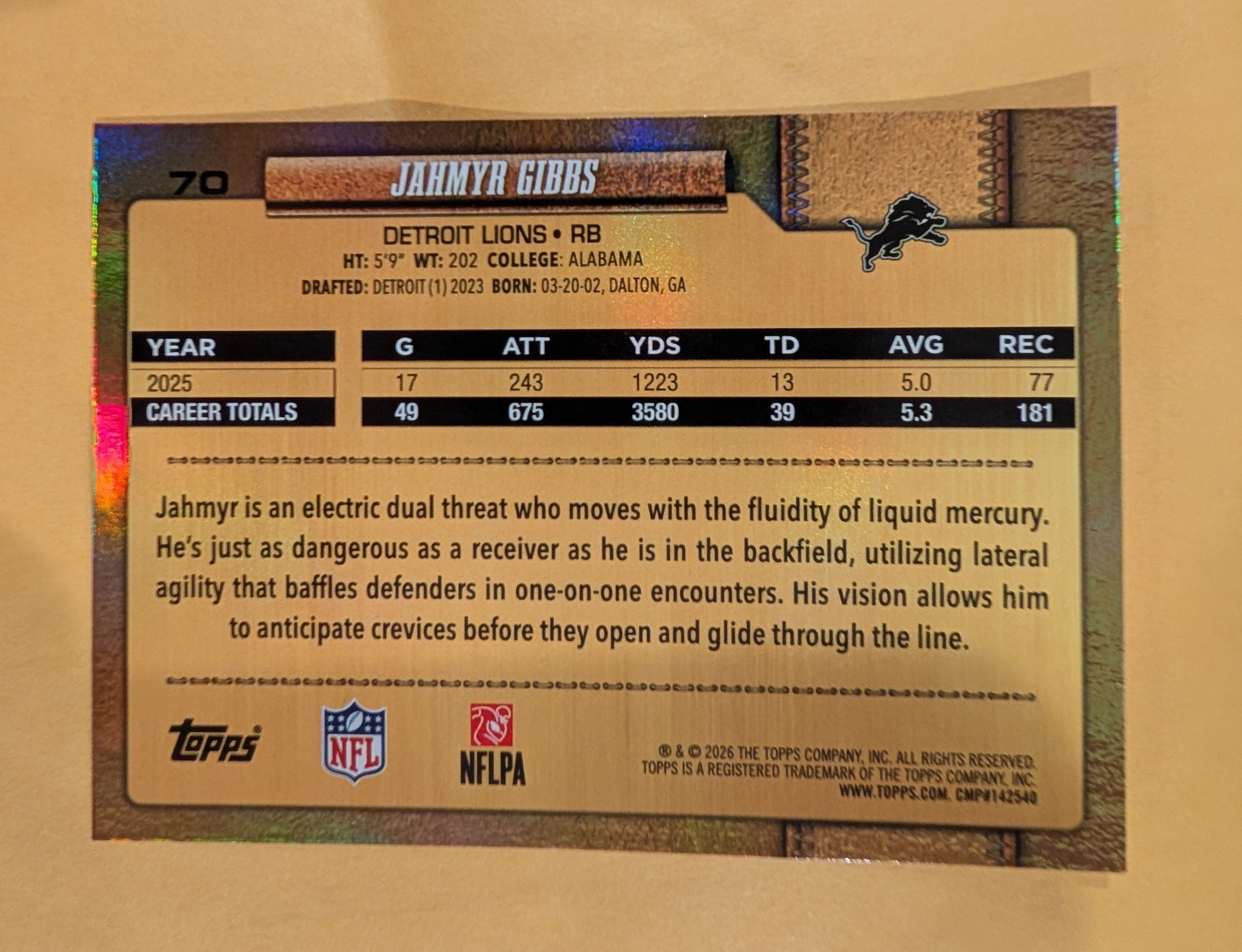 2026 Topps Football Jahmyr Gibbs Detroit Lions Golden Mirror