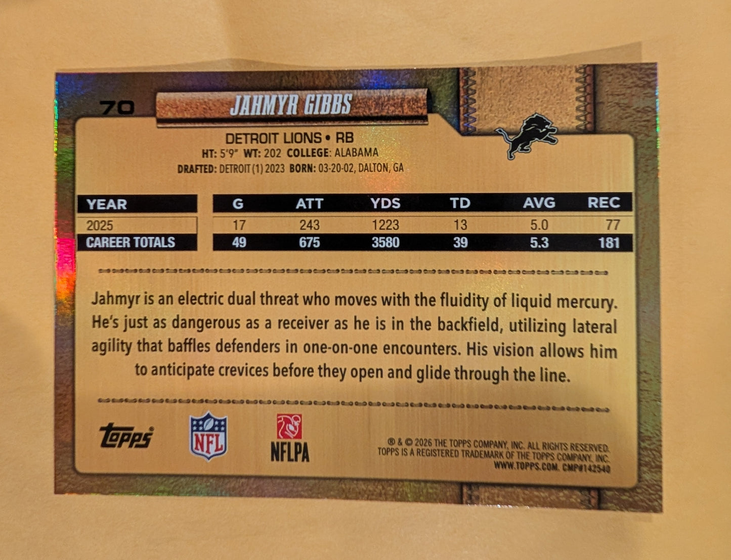 2026 Topps Football Jahmyr Gibbs Detroit Lions Golden Mirror Variation SSP #70