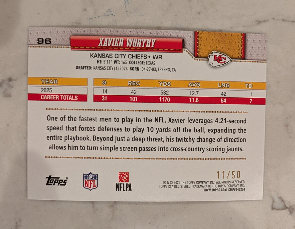 2026 Topps Football Xavier Worthy Chiefs Gold Rainbow Foil SP /50 #96