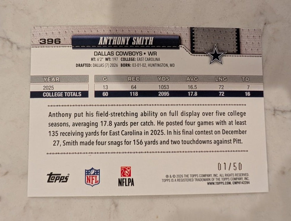 2026 Topps Football Anthony Smith Dallas Cowboys Gold Sparkle SP /50 RC #396