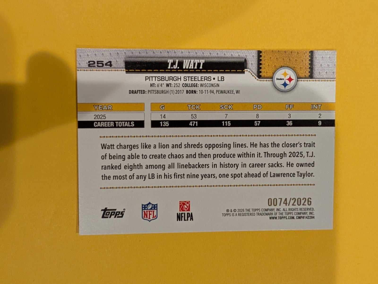 2026 Topps Football T.J. Watt #254 Gold /2026 - back