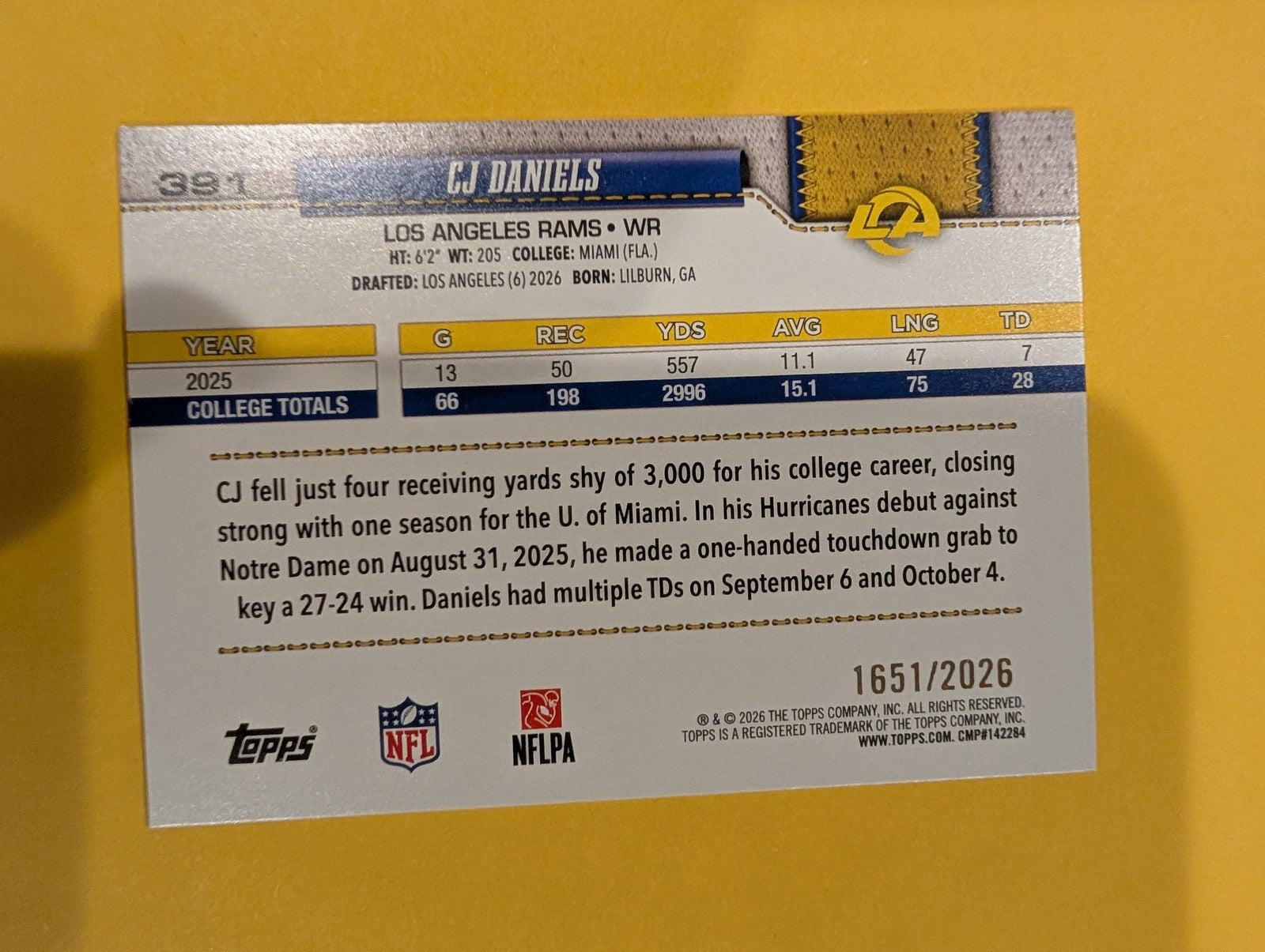 2026 Topps Football CJ Daniels Rookie #391 Gold /2026 - back
