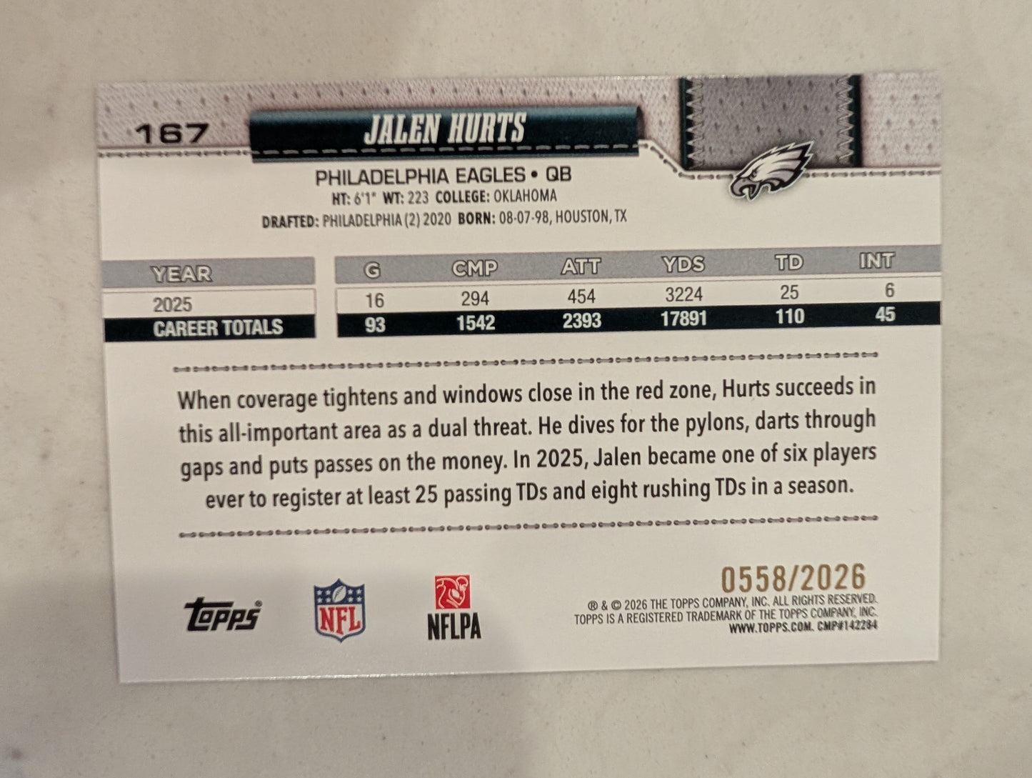 2026 Topps Football Jalen Hurts Philadelphia Eagles Gold SP /2026 #167