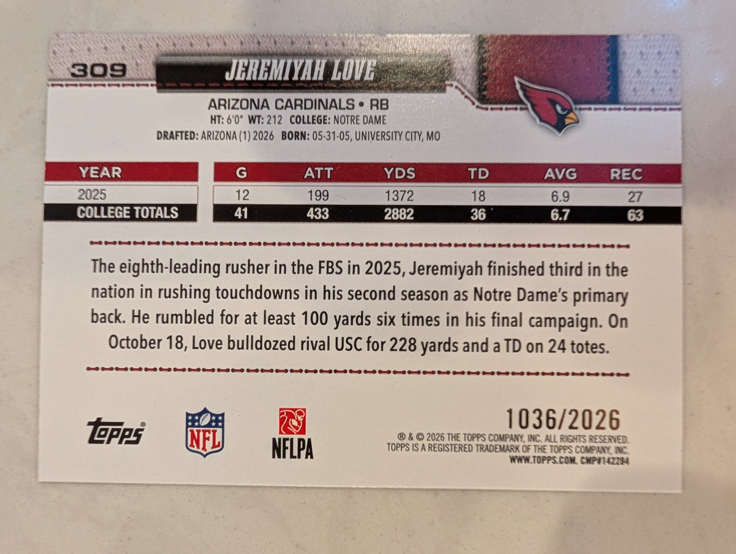 2026 Topps Football Jeremiyah Love Arizona Cardinals Gold SP /2026 RC #309