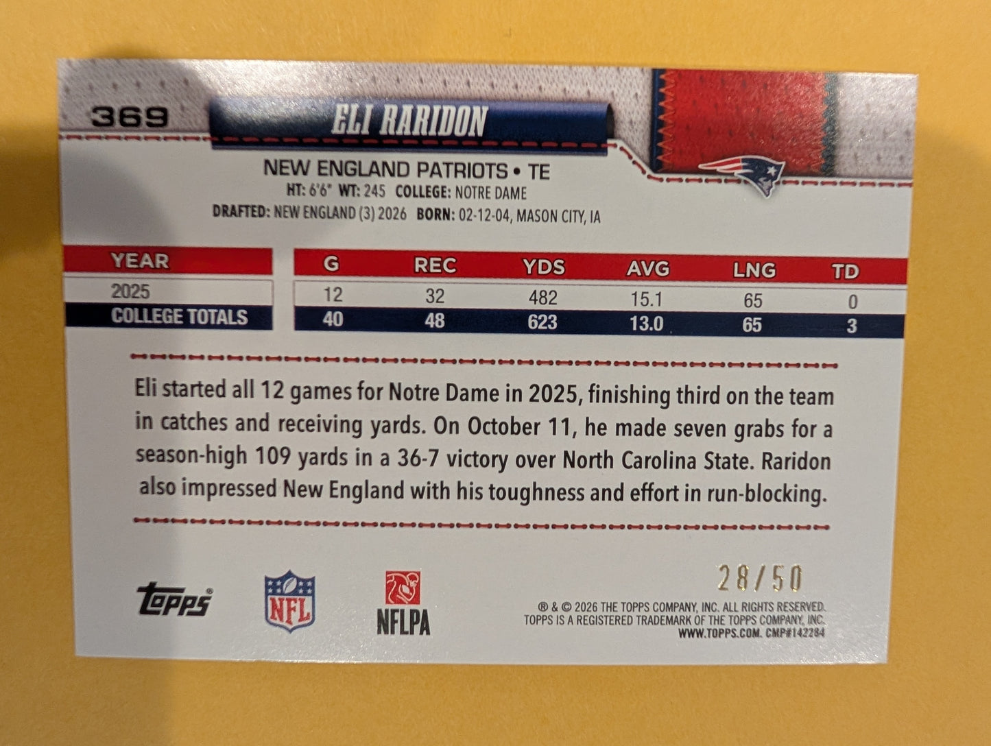 2026 Topps Football Eli Raridon New England Patriots Gold SP /50 RC #369