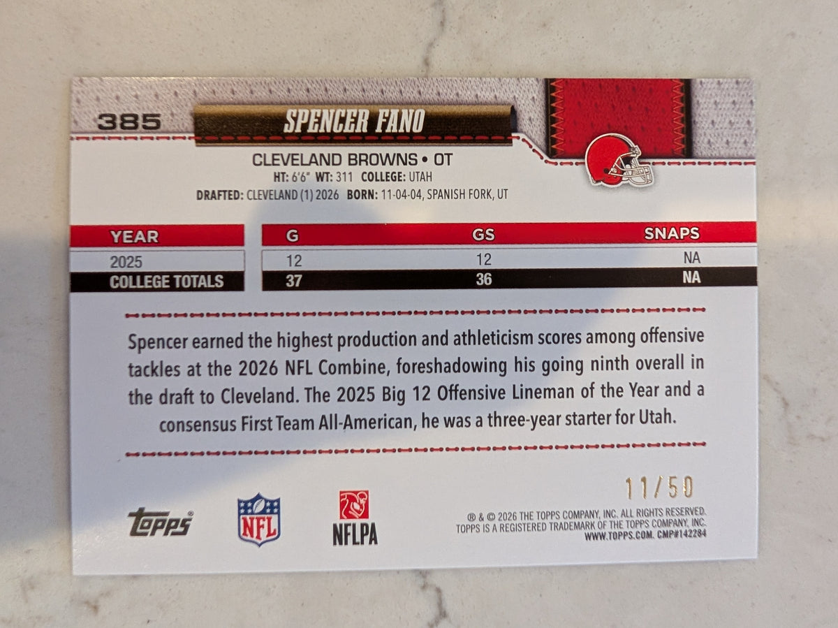 2026 Topps Football Spencer Fano Browns Gold SP /50 RC #385