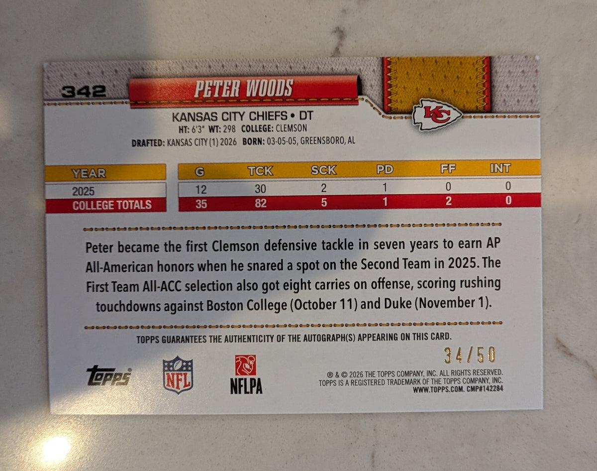 2026 Topps Football Peter Woods Chiefs Real One Auto Gold SP /50 RC #342