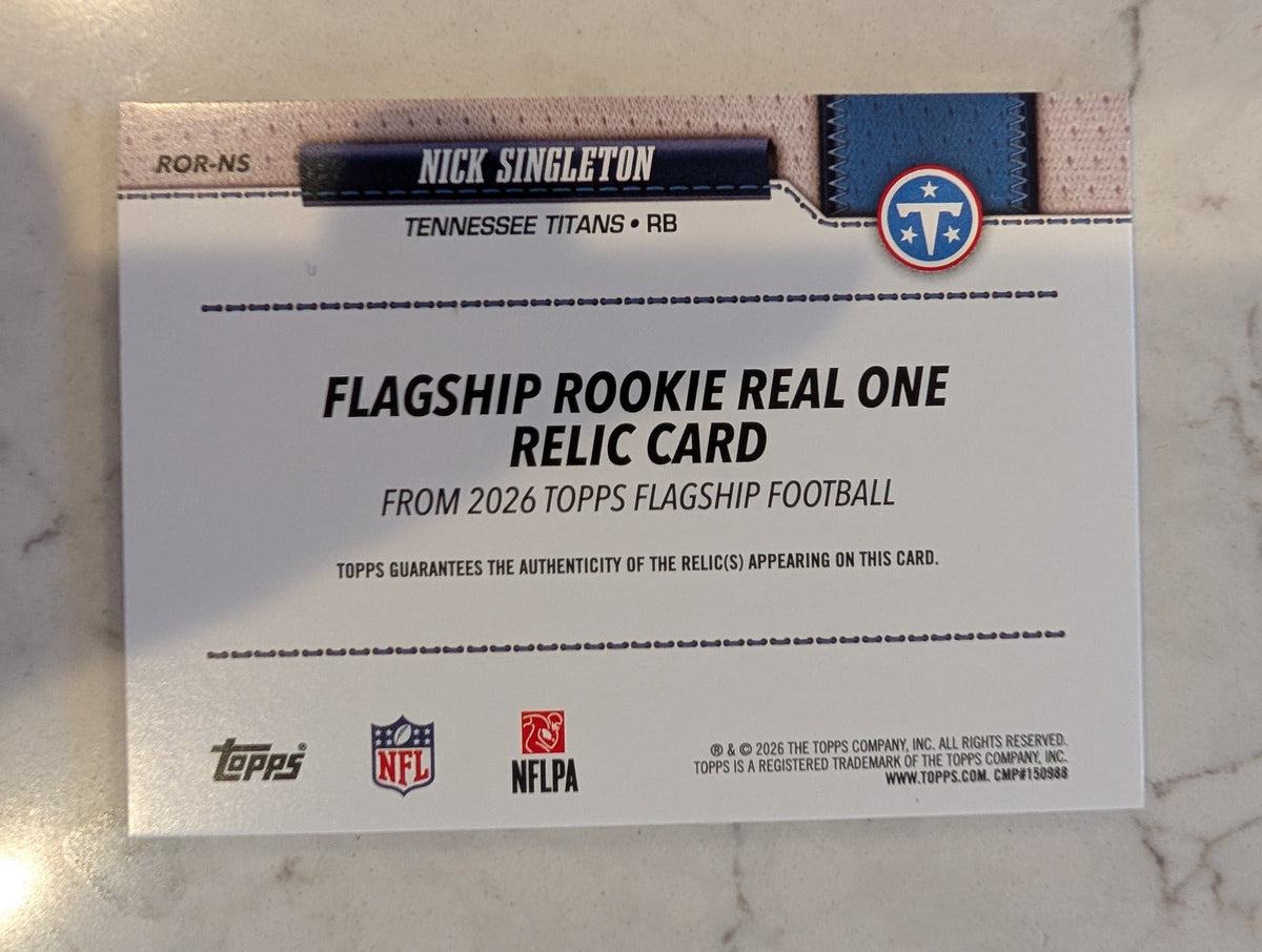 2026 Topps Football Nick Singleton Titans Rookie Real One Relic Gold SP /50