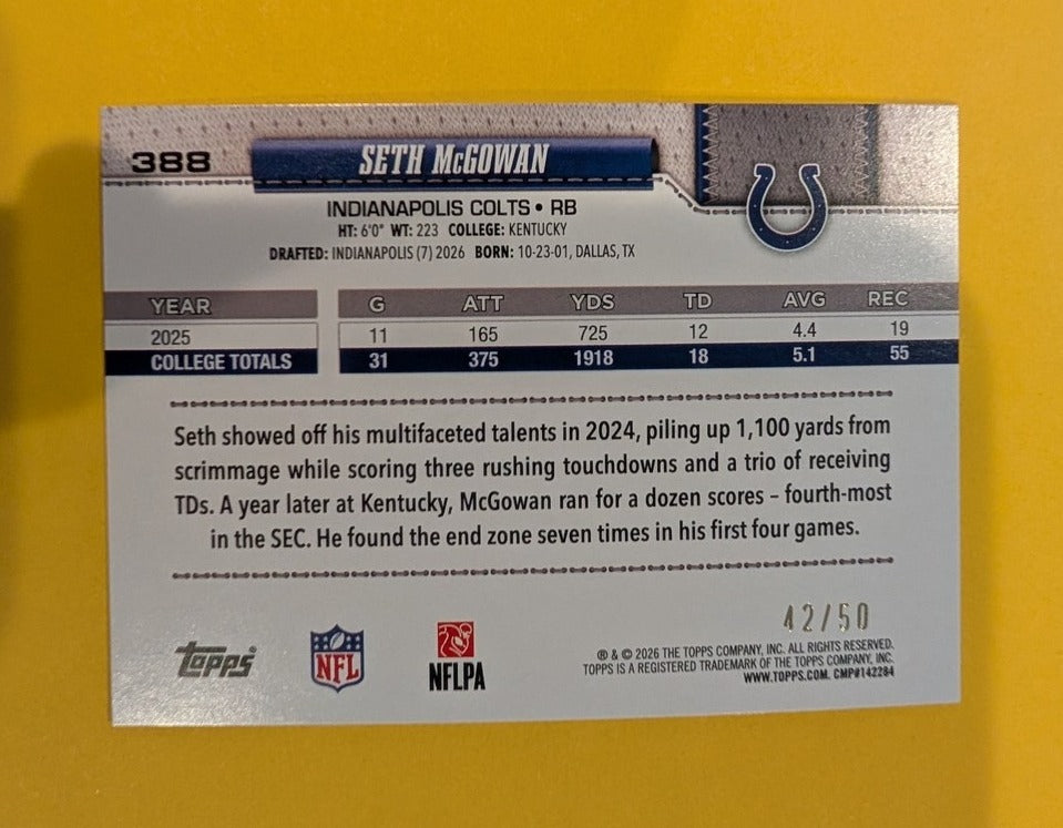 2026 Topps Football Seth McGowan Indianapolis Colts Gold Sparkle SP /50 RC #388