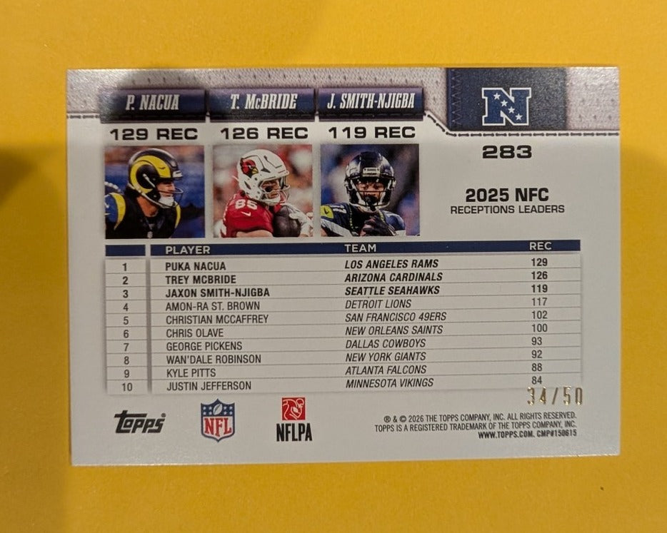 2026 Topps Football NFC Receptions Leaders Gold Speckle /50 #283 Nacua McBride Smith-Njigba