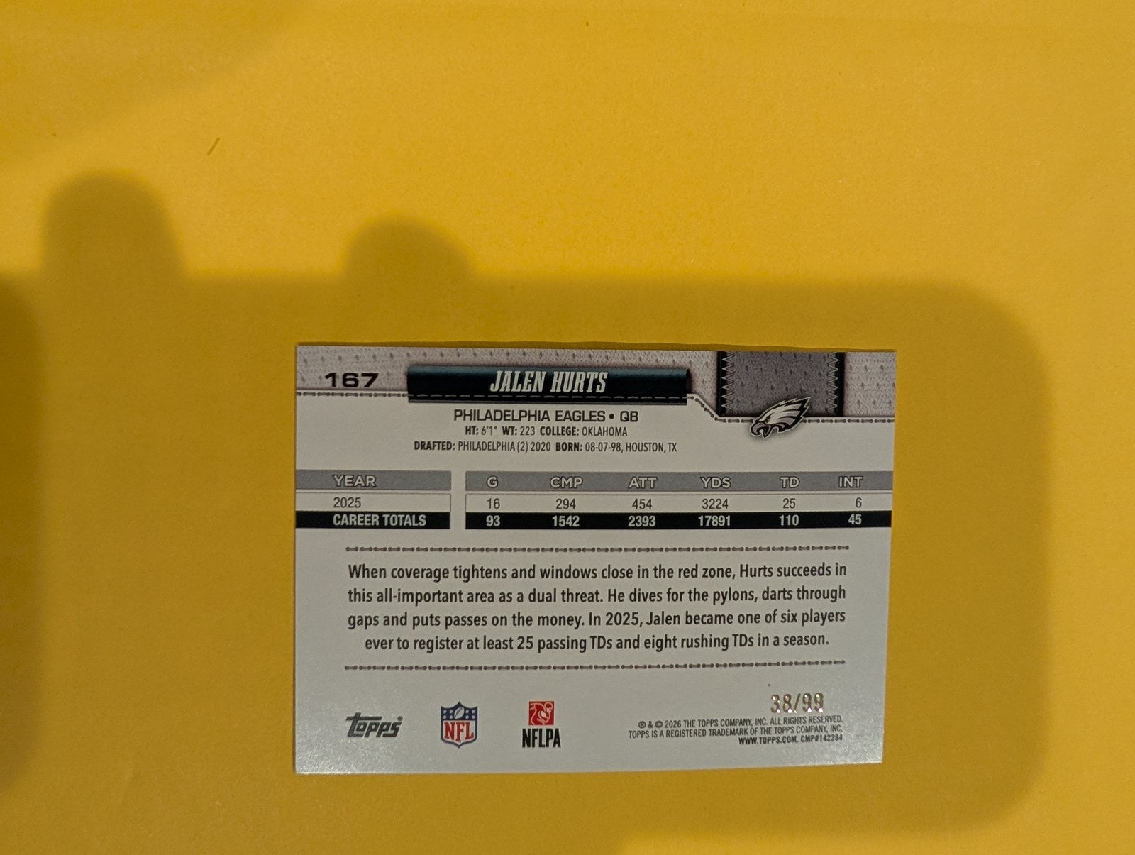 2026 Topps Football Jalen Hurts #167 Green /99 - back