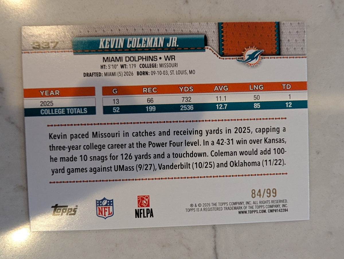 2026 Topps Football Kevin Coleman Jr. Dolphins Green SP /99 RC #337
