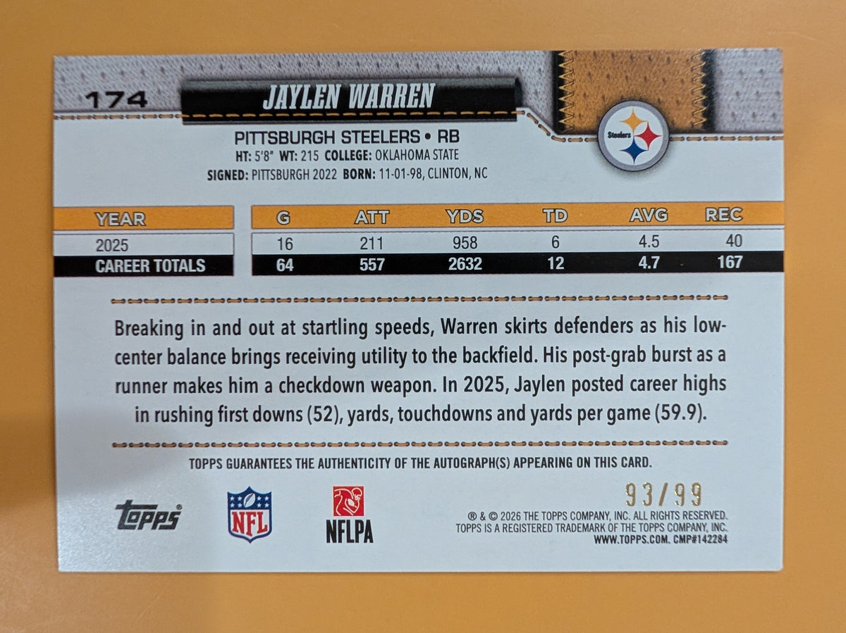2026 Topps Football Jaylen Warren Steelers Real One Auto Green SP /99 #174