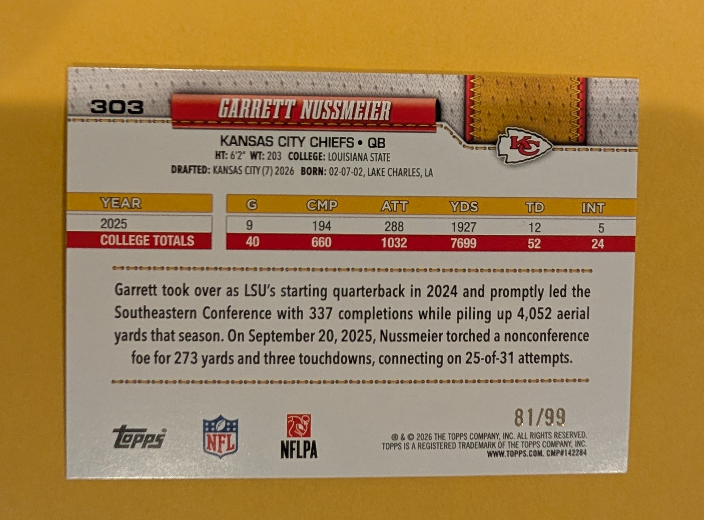 2026 Topps Football Garrett Nussmeier Chiefs Green Foil SP /99 RC #303